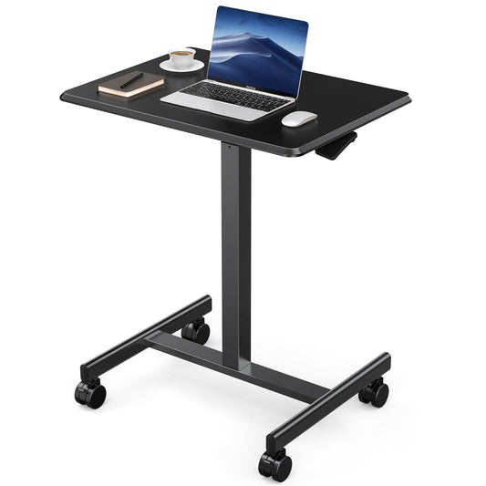 DUMOS Small Standing Desk Mobile Portable Rolling Laptop PC Table on Wheels Adjustable Height Computer Workstation for Home Office, Space Saving Desk for Bedroom Study Use, 19 Inch, Black