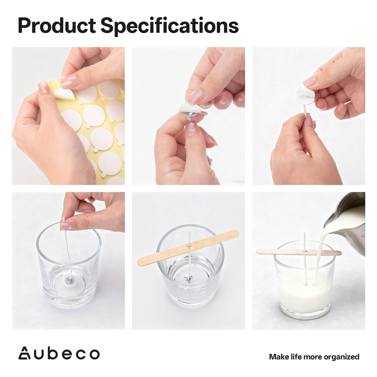 Aubeco 320Pcs 4/6/8 inch Pre Waxed Candle Wick with 320Pcs Wick Stickers and 10Pcs Candle Wick Holders, Bulk Cotton Candle Wicks for Candle Making, Soy Wax