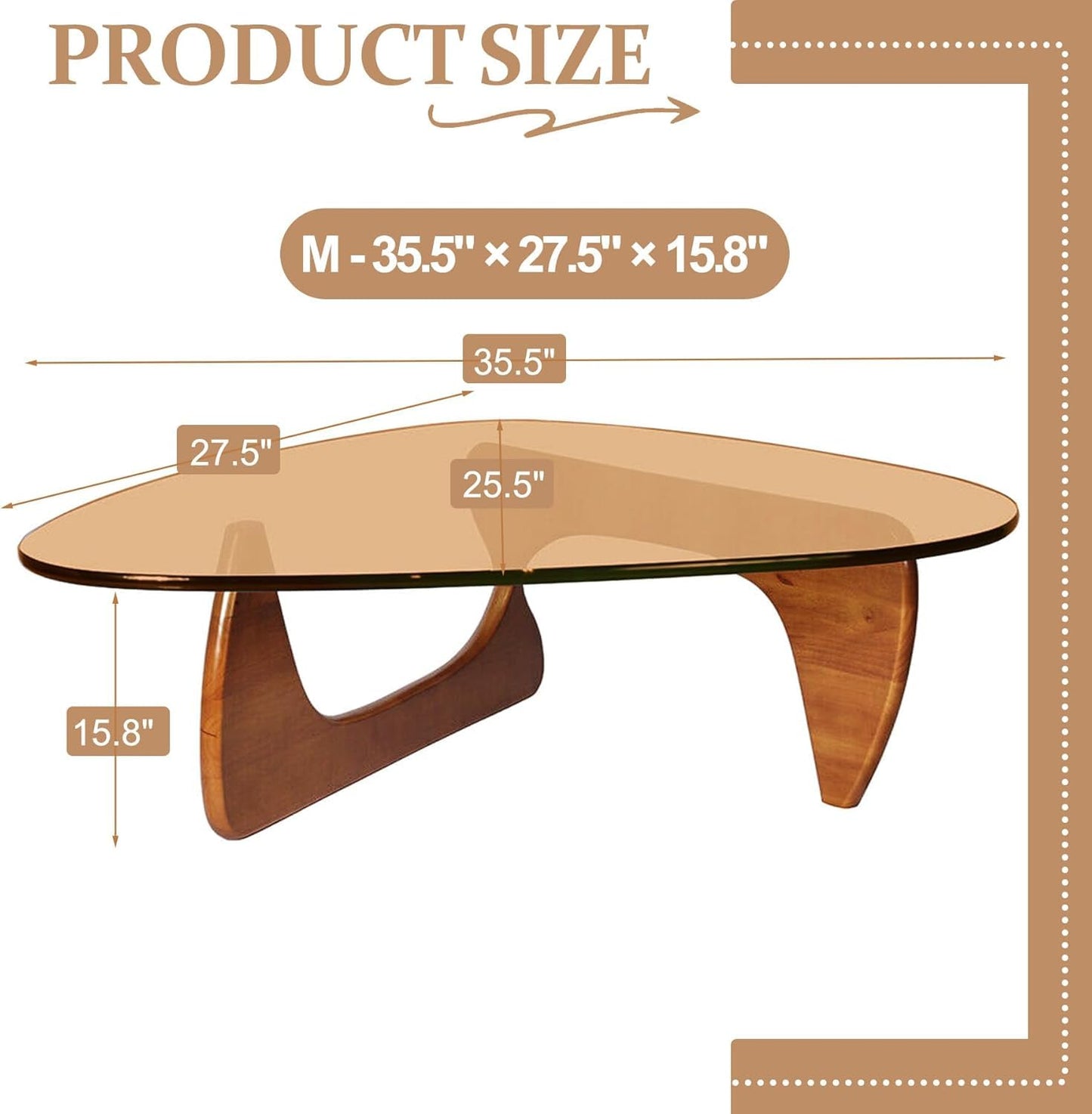 Modern Coffee Table for Living Room, 35.8" Mid Century Center Table,Brown Tempered Glass Triangle Top & Sturdy Solid Legs, Tea Table for Home Office, Easy Assembly
