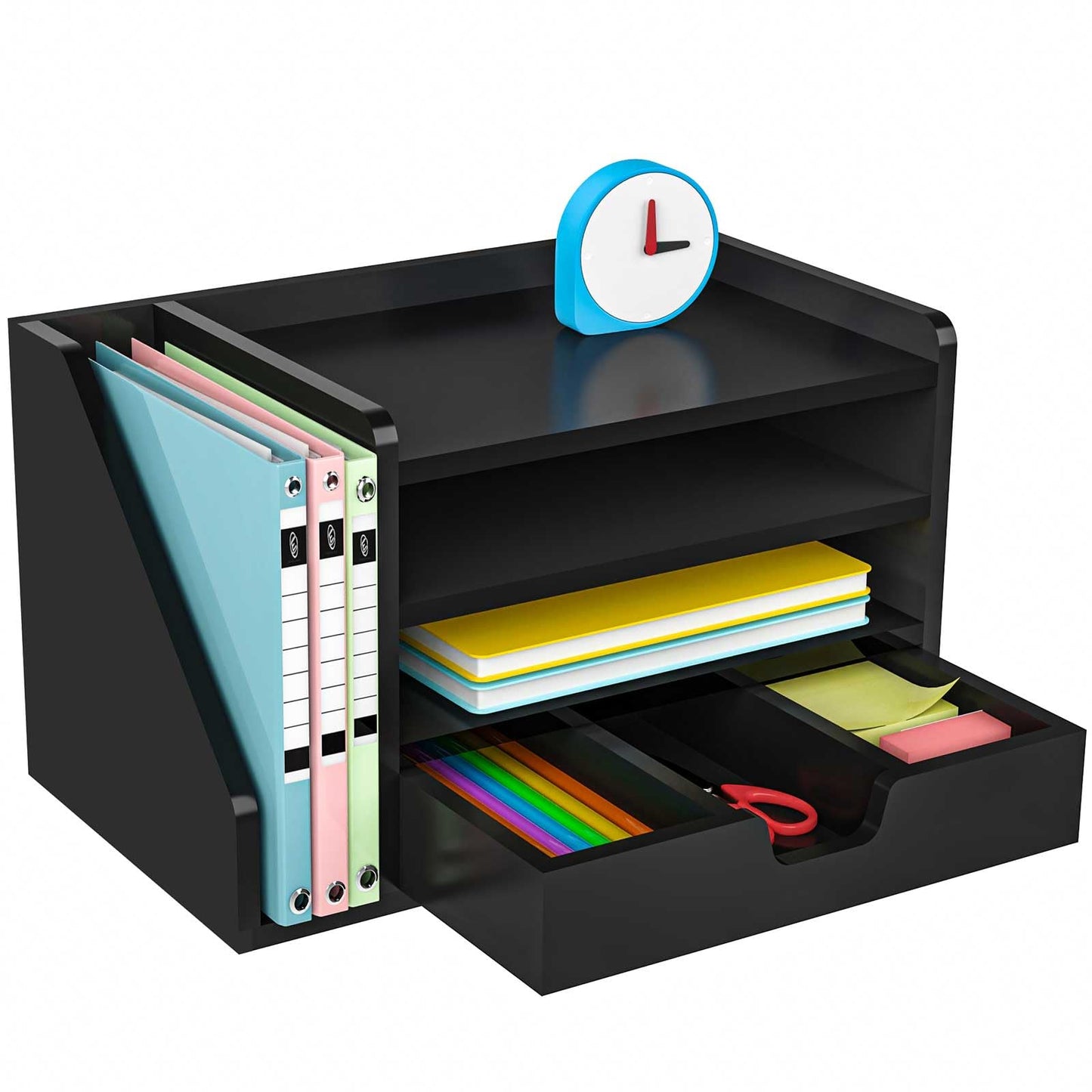 NiOffice Multi-Tier Wood Desk File Organizer, 3 Tray Shelves & Adjustable Drawer - Space-Efficient Design for Efficient Office Setup, Reduces Desk Clutter (Black)