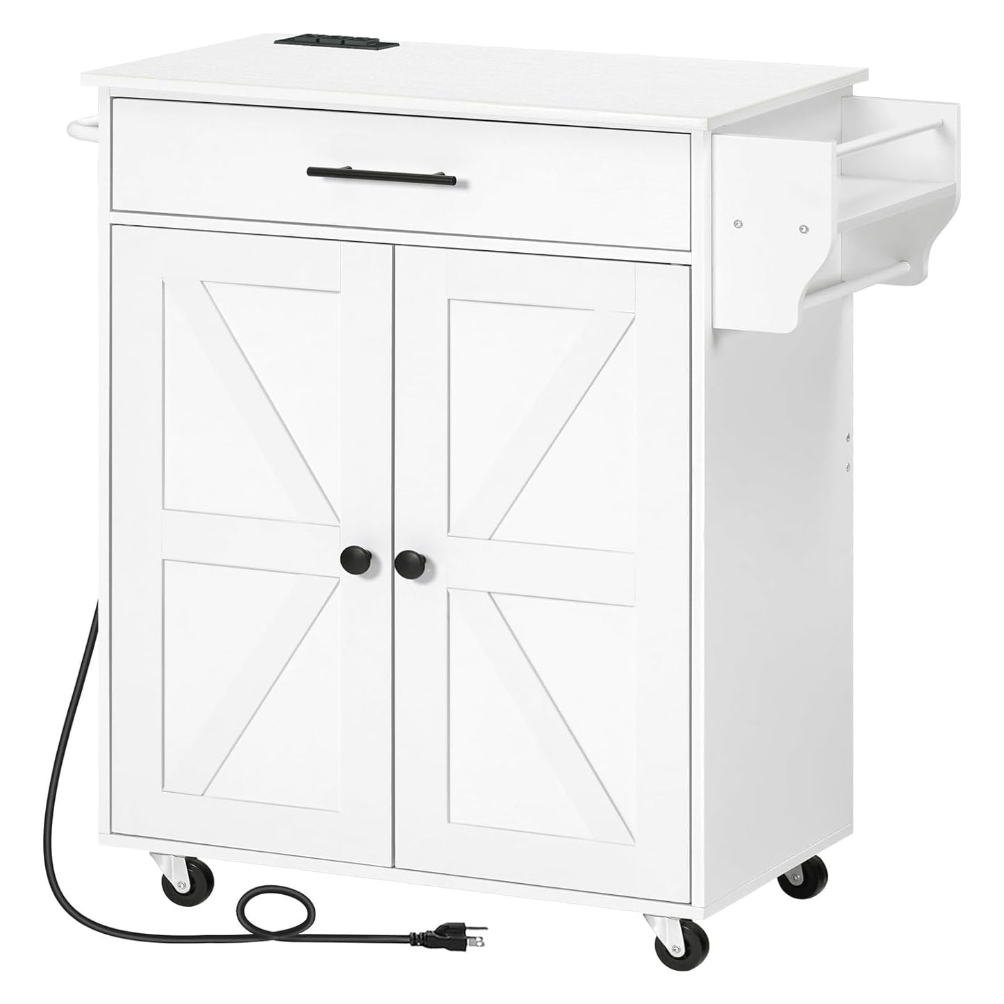 HOOBRO Kitchen Island with Power Outlet, Kitchen Storage Island with Large Worktop, Spice Rack and Drawer, Rolling Kitchen Island Cart on Wheels, for Kitchen and Dining Room, White WT88UZD01
