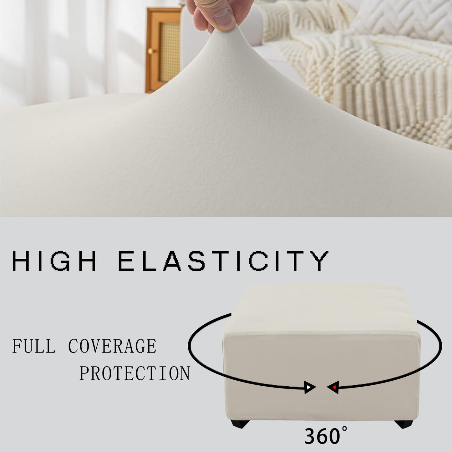 UOIJAY Super Stretch Ottoman Cover- Soft Form Fit Ottoman Cover Rectangular Ottoman Slipcovers for Folding Storage Furniture, Footstool Cover with Nonslip Elastic Bottom (Large, Beige)