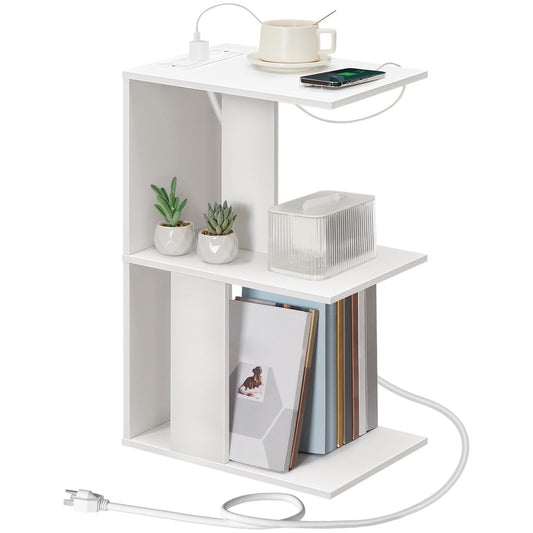 MAHANCRIS End Table with Charging Station, C-Shaped Narrow Side Table, White Nightstand with Storage, Narrow Bedside Table for Small Spaces, End Tables Living Room, Bedroom, Easy Assembly, ETWT18E01Z