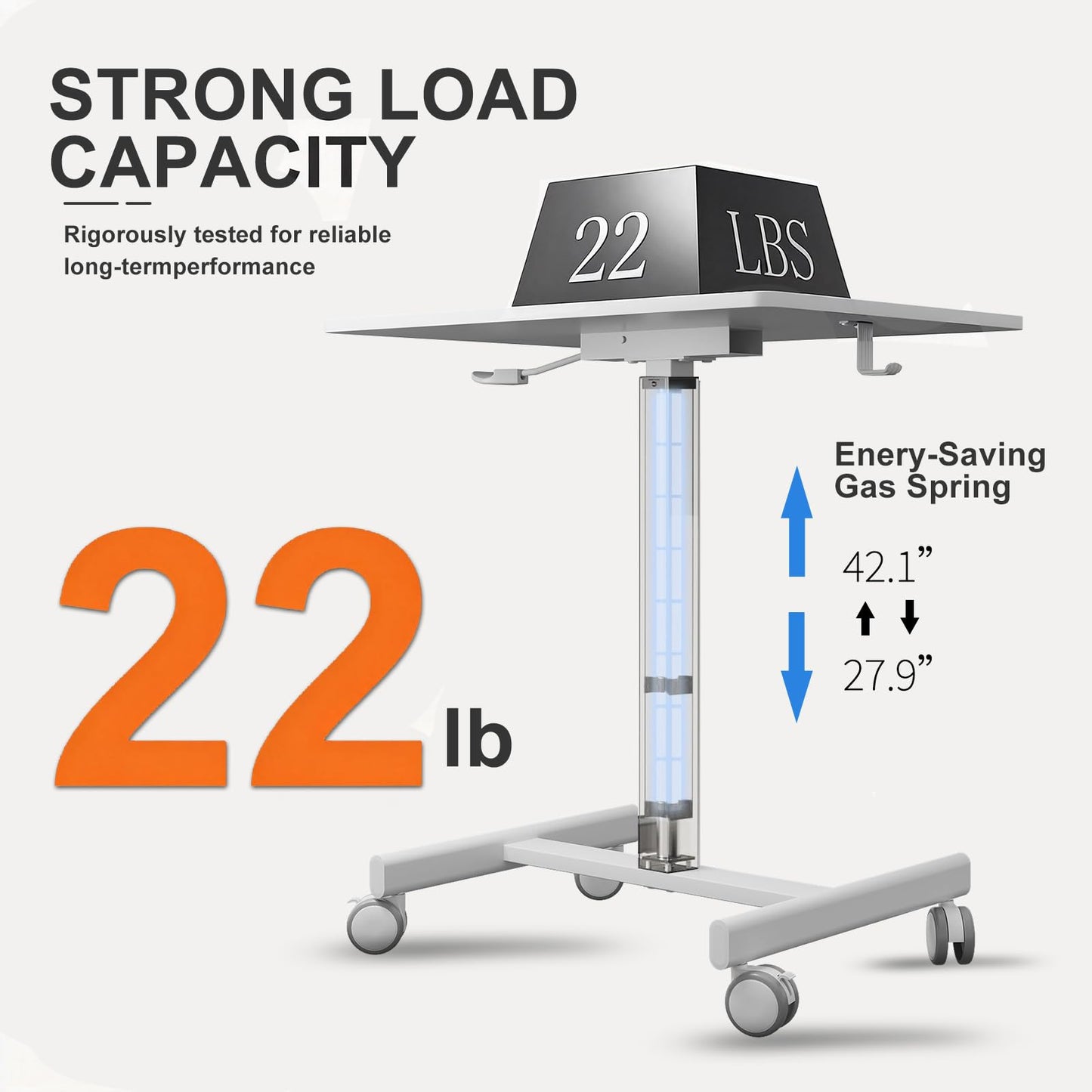 Gamork 18.9 * 25.6 inch Mobile Standing Desk,T Shaped Pneumatic Adjustable Height Stand Up Desk,with Lockable Wheels,Ergonomic Standing Side Table for Home Office Work Computer Workstation White