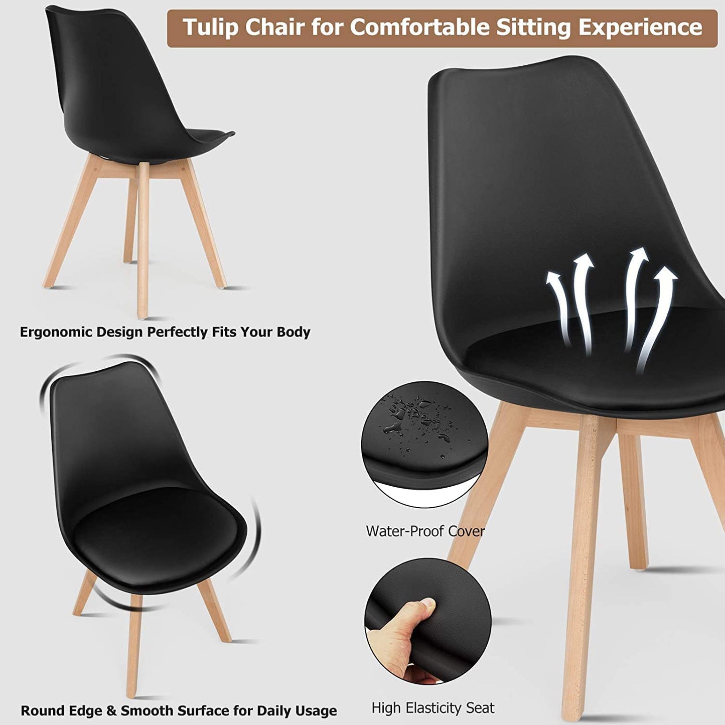 Hysache 4PCS Modern Dining Chairs, High Backrest Armless Chair with Padded Seat & Solid Wood Legs, Mid Century Upholstered Side Chairs for Dining Room, Living Room, Kitchen (Black) (HW67271)