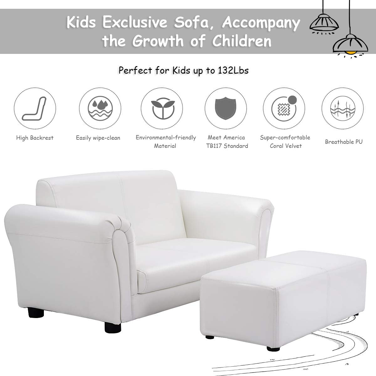 Costzon Kids Couch with Footstool, 2 in 1 Double Seat Children's Sofa w/PU Leather Surface, Armrest Chair Lounge, Soft Sofa for Preschool Bedroom Kids Room Toddlers Boys Girls Birthday (White)