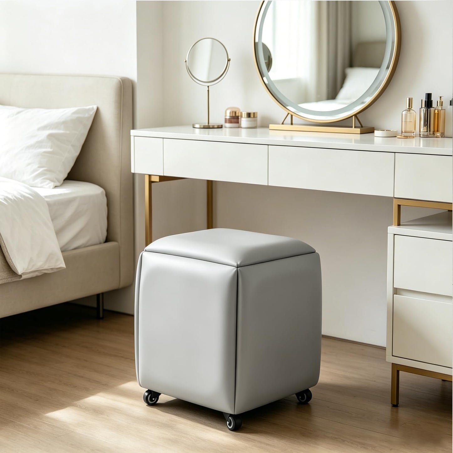 LUGSHIREE 5 in 1 Nesting Ottoman Cube Chair, Stackable Stools, Leather Square Ottoman Bench, Foot Stool with Wheels for Living Room,Dining Room 15.75x15.75x16.54 inches