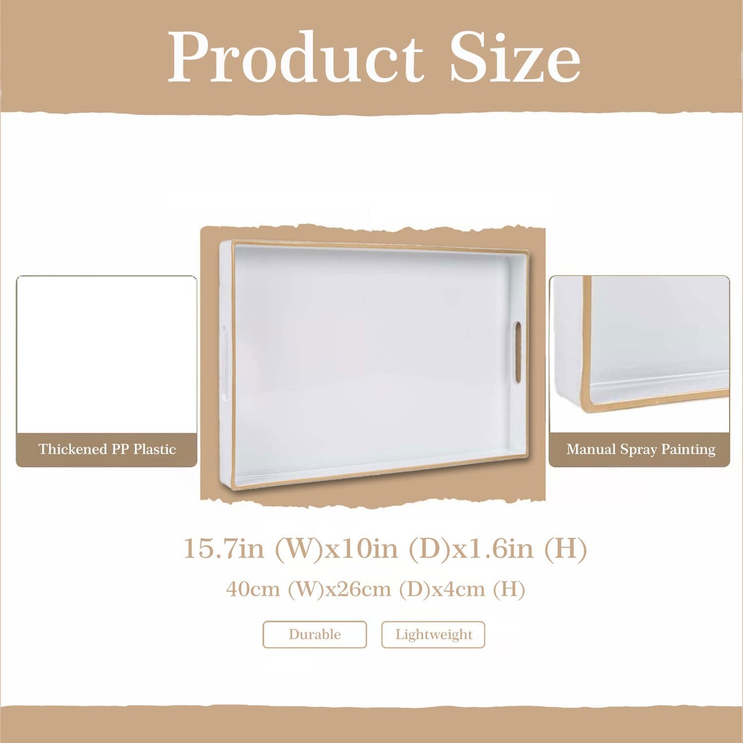 Zosenley Decorative Plastic Serving Tray with Handles, Modern Vanity Organizer for Bathroom, Kitchen, Ottoman and Coffee Table (White, Rectangular)