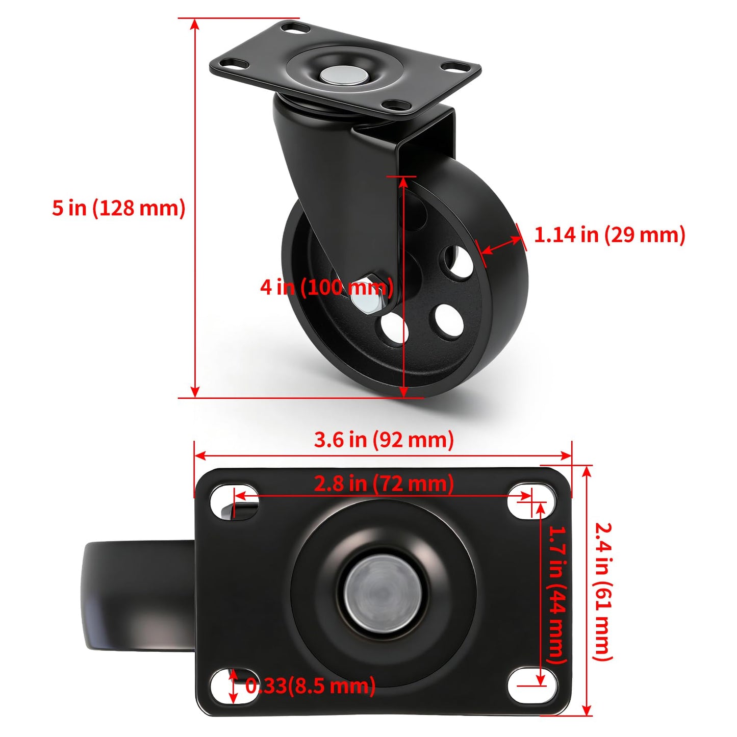 Skelang 4" Metal Swivel Plate Caster Wheels, Heavy-Duty Cast Iron Casters with Brakes for Wooden Furniture, Set of 4 (Combo)