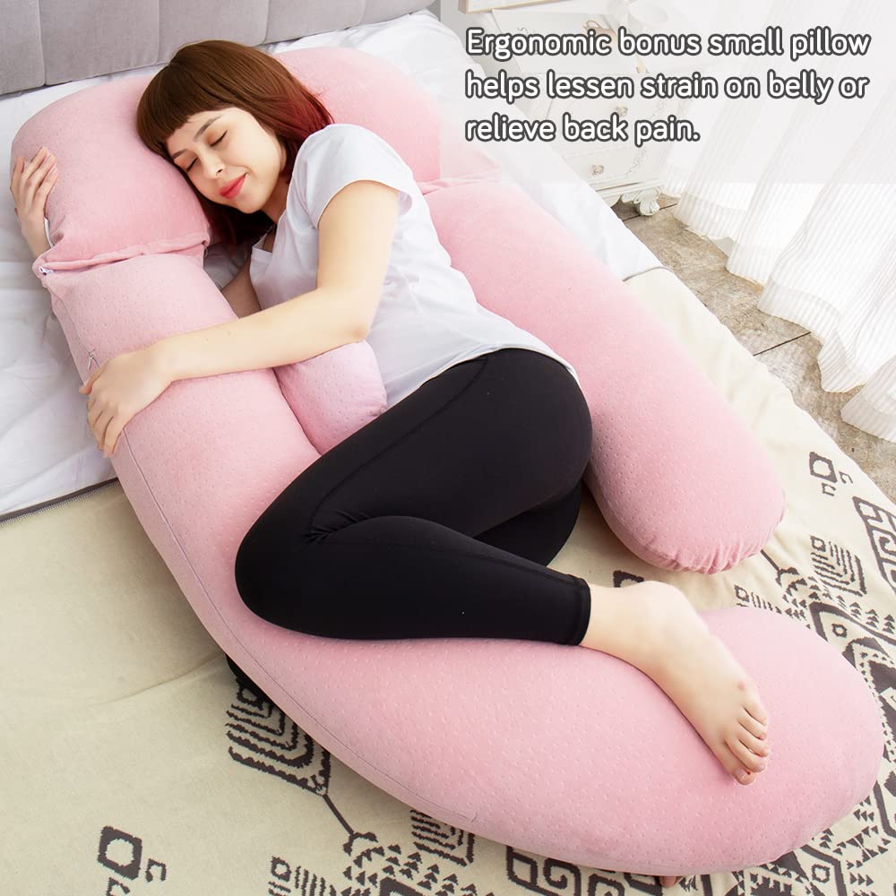 AS AWESLING 60in Full Body Pillow | Nursing, Maternity and Pregnancy Pillow | Extra Large U Shape Pillows with Detachable Side, Separate Support Pillow and Removable Cover Velvet (Light Pink)