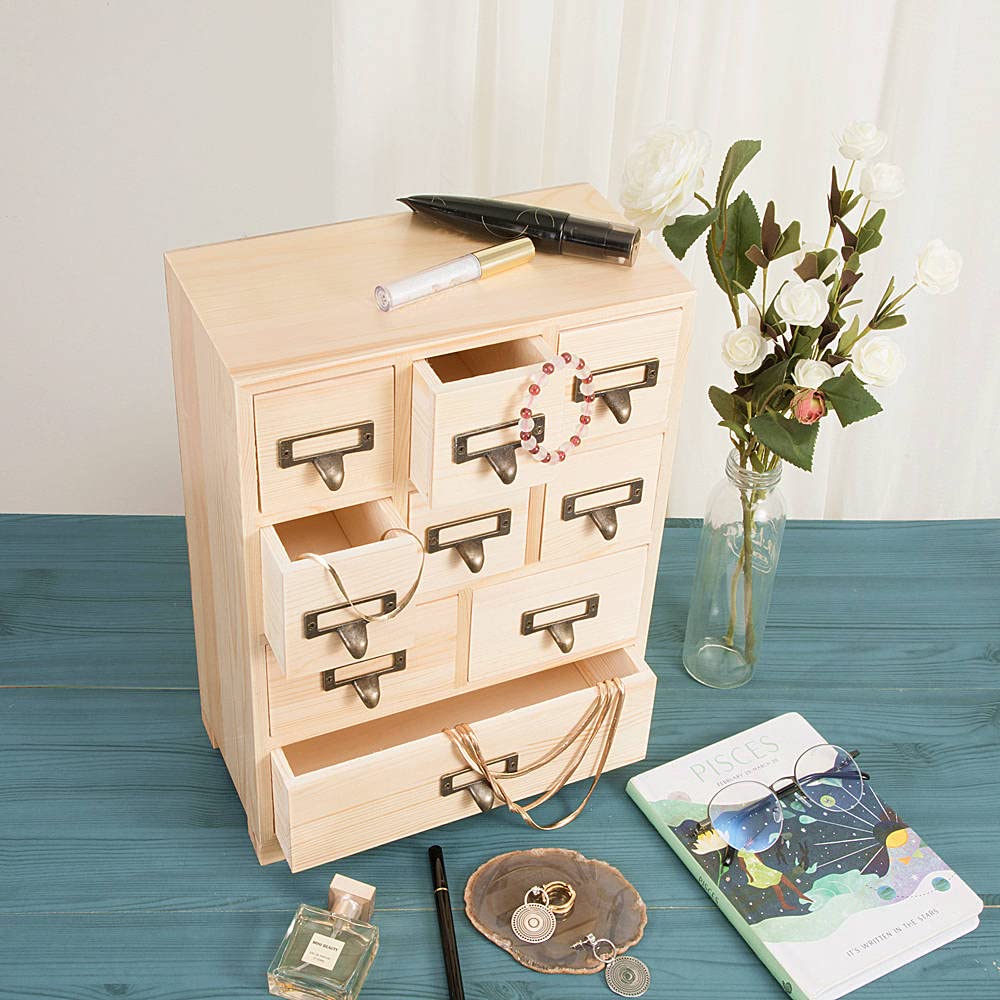 PACKGILO Apothecary Cabinet with 9 Drawers & Labels Rustic Library Card Catalog Cabinet Desktop Wooden Storage Box for Organize Herbal、Tea Bag、Jewelry (Wood)