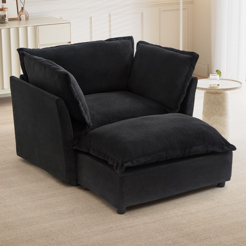Asmeten Modern Armchair Sofa 47" Cozy Upholstered Sofa Chair with Movable Ottoman, Wide Seat, Curved Armrests and Soft Pillows for Living Room, Bedroom,Green (Black + Chenille + Foam + 2 Seat)