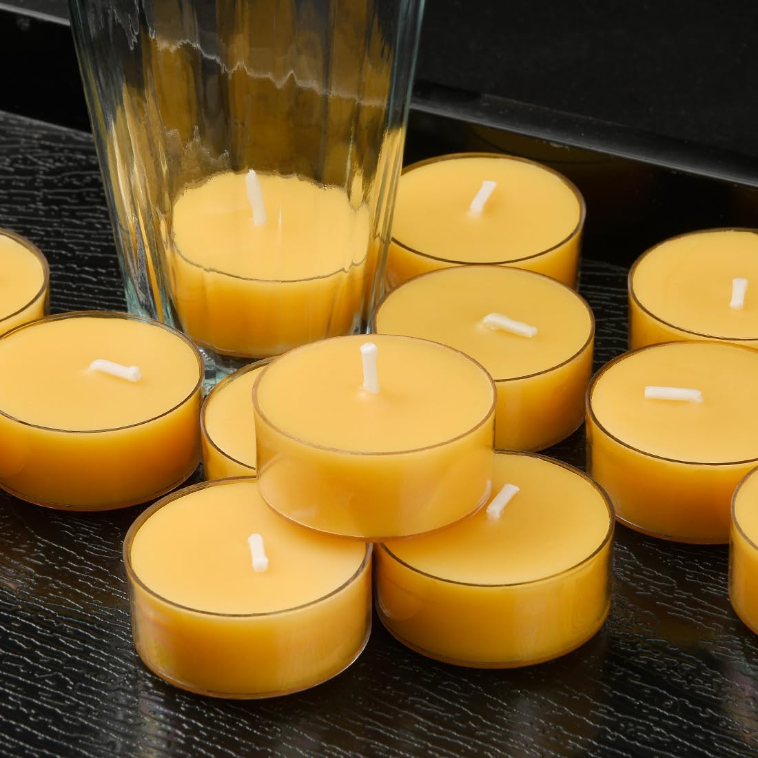 JONERAY 32 Packs Pure Beeswax Tealight Candles Bulk - Clear Cup, Natural Handmade Tea Candles for Dinner Table (Yellow)