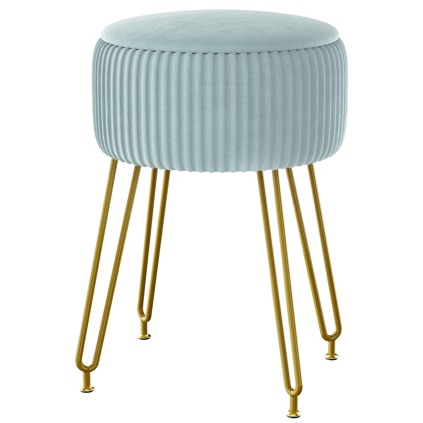 IBUYKE Velvet Storage Footrest Stool Ottoman, Makeup Vanity Stool Side Table with Golden Steel Legs Removable Cover, Coffee Table Top Cover, Blue LG-20H