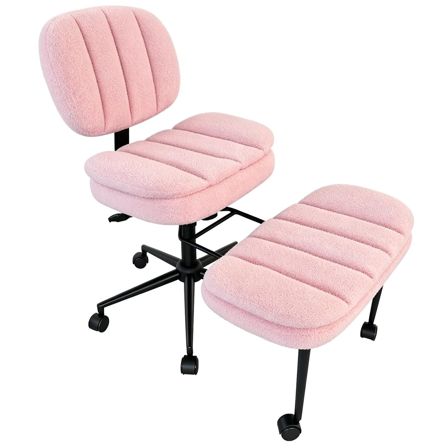 Ergonomic Cross Legged Office Chair with Footrest, 360° Swivel Height Adjustable Faux Shearling Criss Cross Chair, Wide Seat & Back Support for Home Office, ADHD, Pink