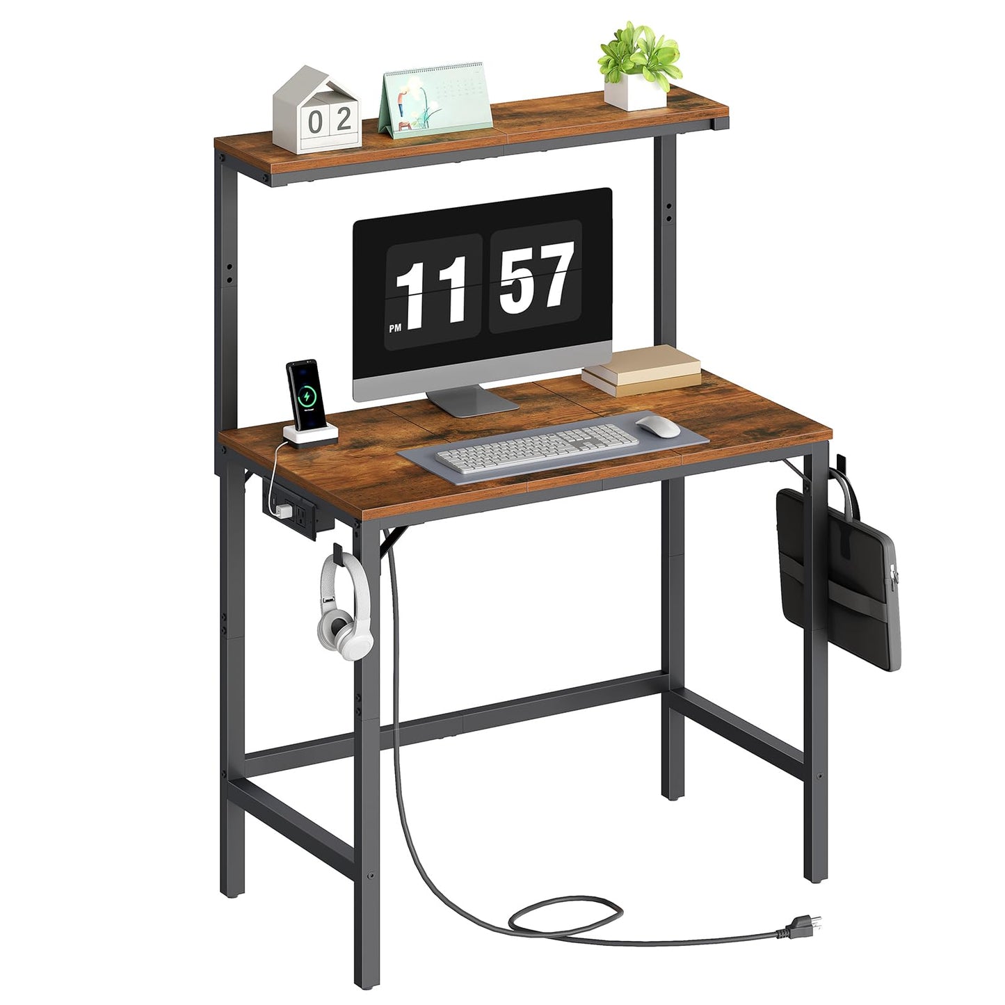 HOOBRO Small Computer Desk, 28.3" Desk for Small Spaces, Office Desk with Power Outlet & Adjustable Monitor Stand, Compact Desk with Storage, Writing Table for Bedroom, Office, Rustic Brown BF38UDN01