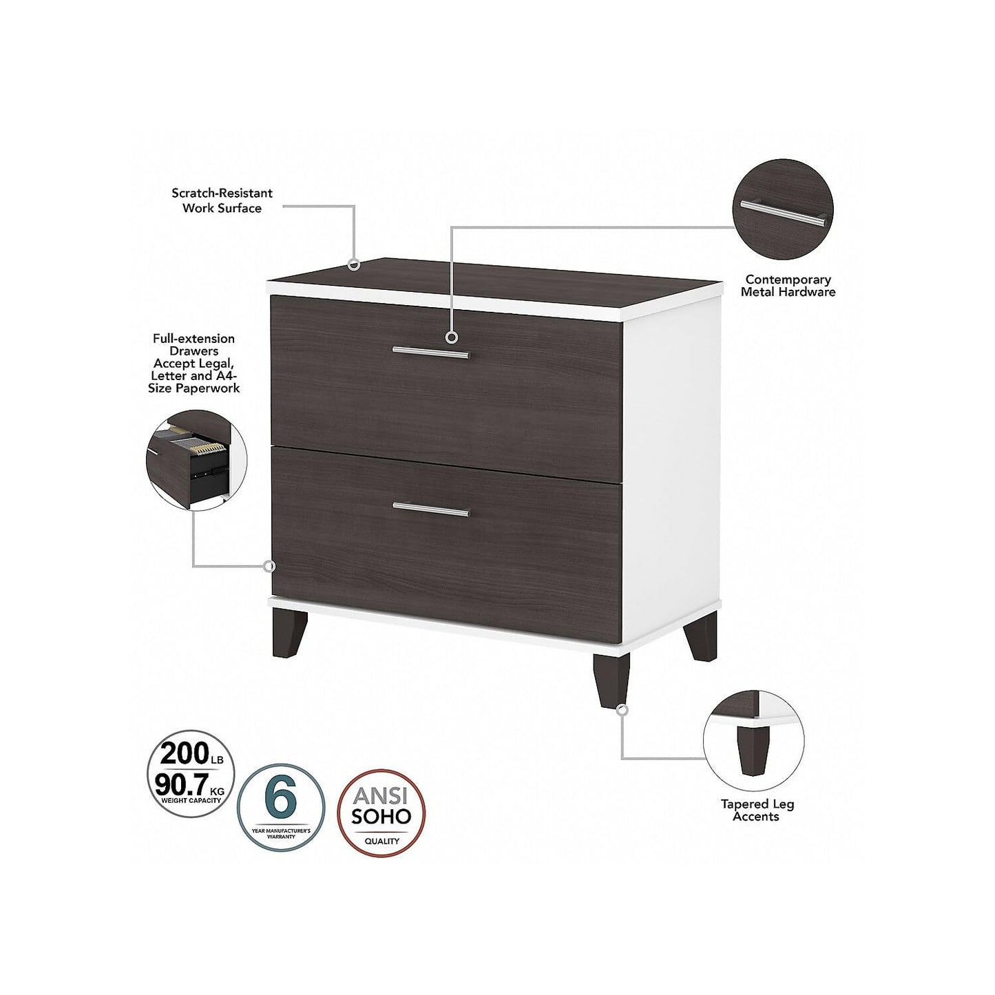 Bush Home Somerset 72W 3 Position Sit to Stand L Shaped Desk with Hutch and File Cabinet in White and Storm Gray