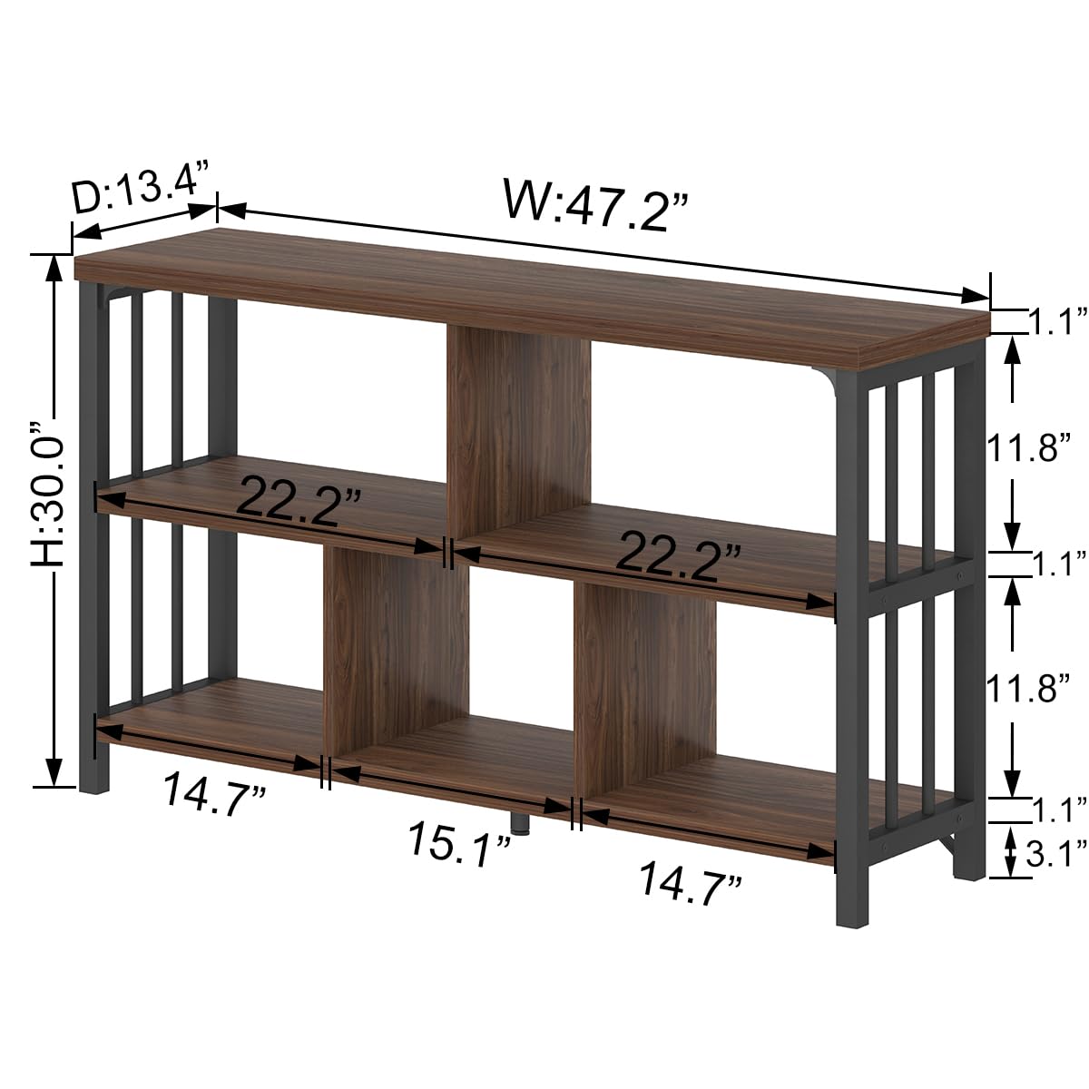 IBF Horizontal Bookshelf, Industrial 5 Cube Storage Organizer Open Shelf, Modern Wide Book Shelf for Bedroom Living Room, Rustic Wood and Metal Low Short Bookcase for Home Office, Walnut Oak, 47 Inch