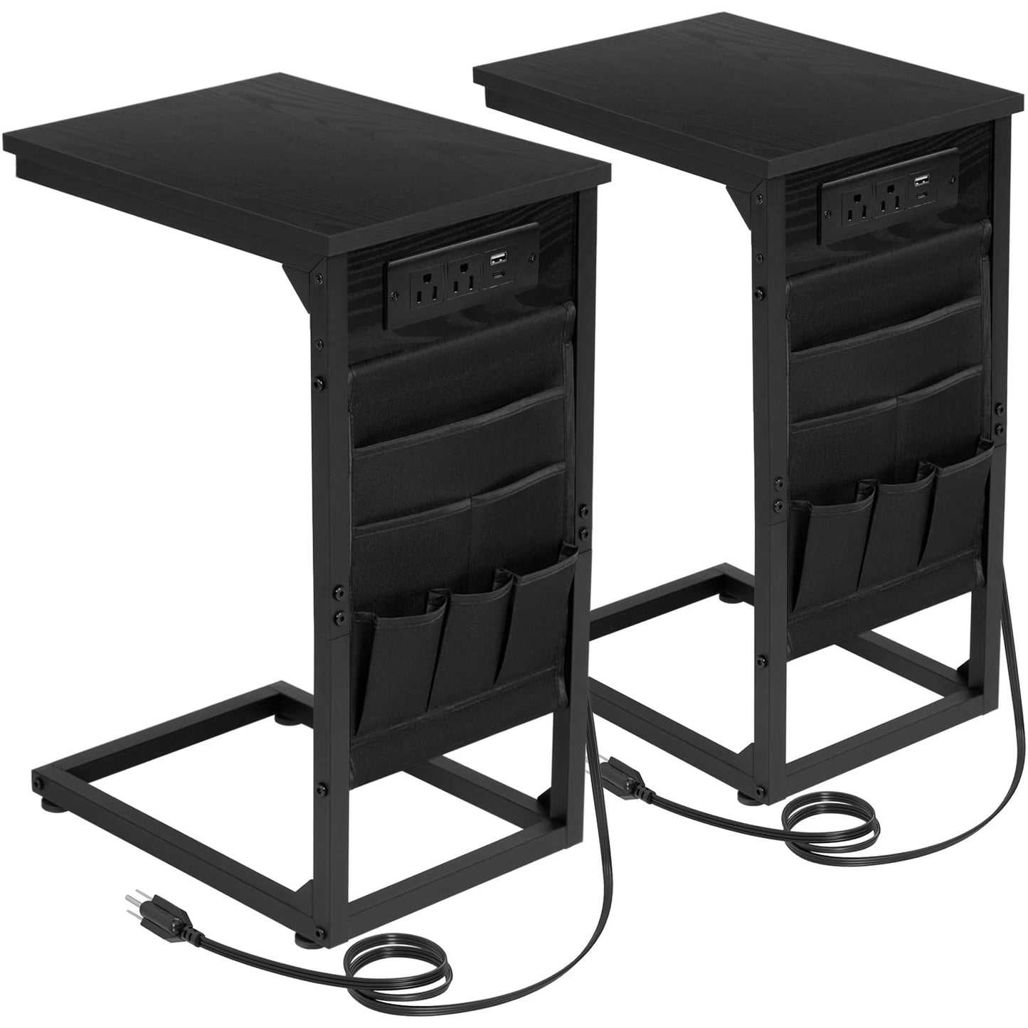 AMHANCIBLE C Shaped End Table with Charging Station, Couch Side Tables that Slide Under Sofa with Storage Bag, Slim TV Tray with USB Ports for Living Room, Bedroom, Black, HET04CBK