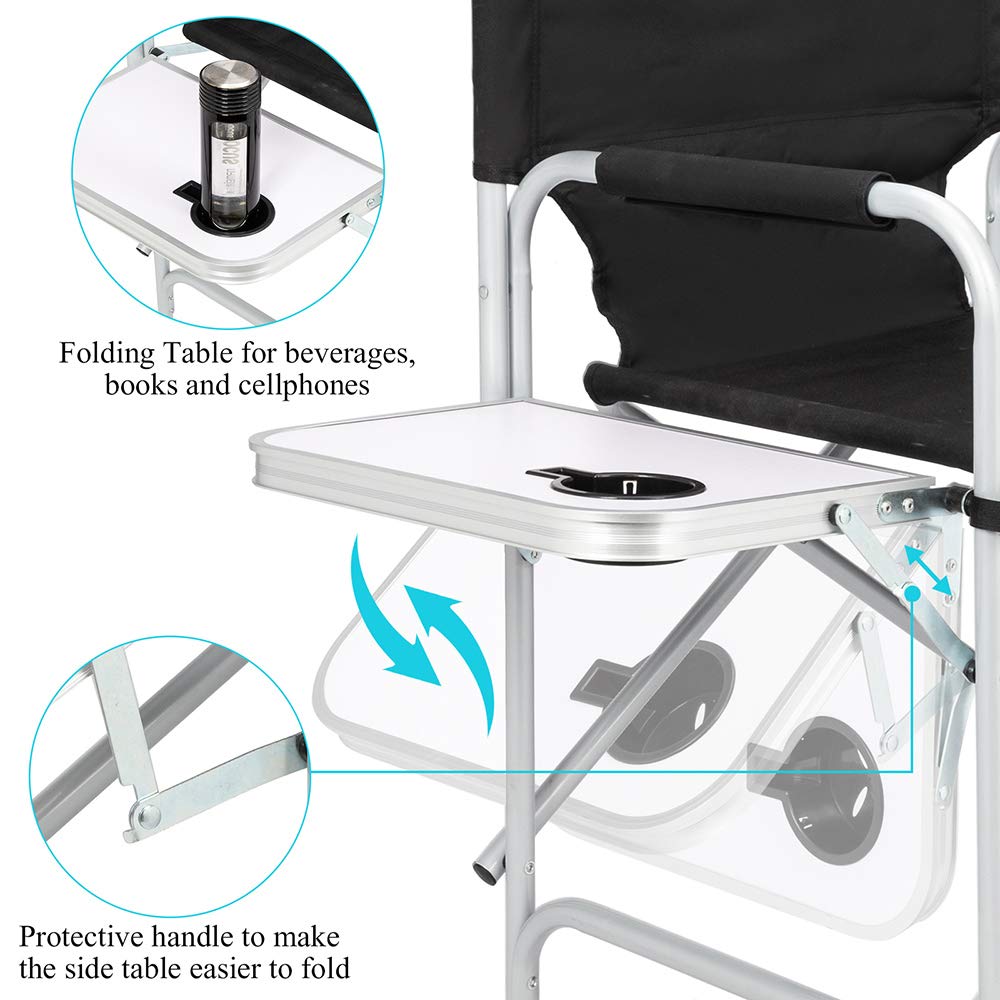 JXUFDHO Makeup Chair for Makeup Artist 41'',Tall Directors Chairs Foldable with Side Table Cup Holder Storage Bag and Footrest, Folding Chair Makeup Chair for Clients 400lbs Capacity