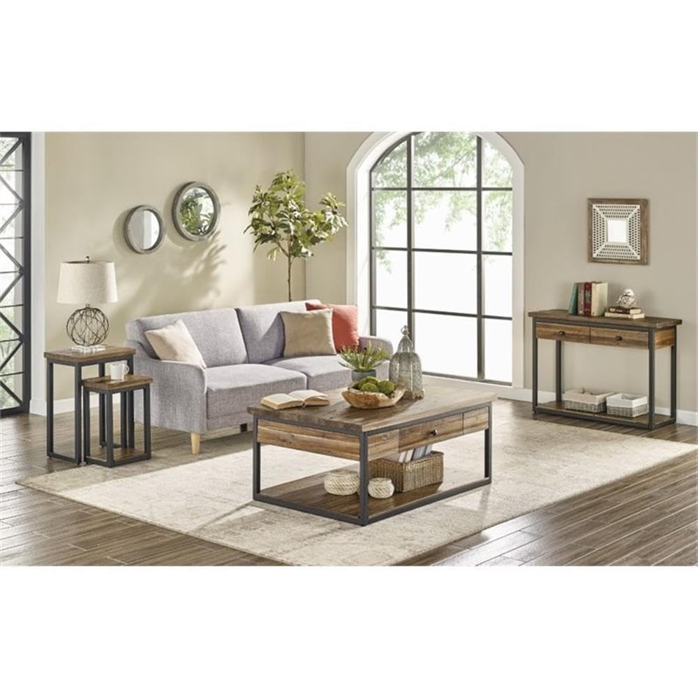 Claremont Rustic Wood Nesting End Tables, Set of 2, Solid Wood and Black-Finished Metal, Large Table 18 in. W x 14 in. D x 26 in. H, Small Table 13.5 in. W x 11.5 in. D x 26 in. H, Drawers and Shelf