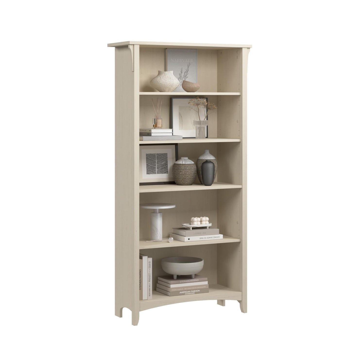 Bush Home Salinas 5 Shelf Bookcase in Antique White, Tall Bookshelf, Large Book Shelf for Living Room, Home Office, or Entryway