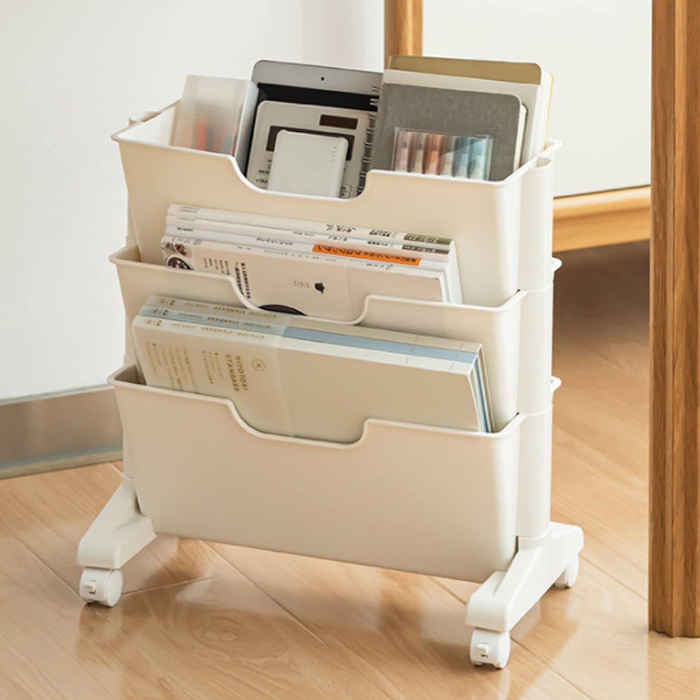 3Tier Mobile Bookshelf, Mobile Bookshelf Bookcases 3 Layers Capacity Bookcase Storage Shelves Under Desk Book Organizer Universal Wheel Rolling Book Cart Movable Storage Bookshelves