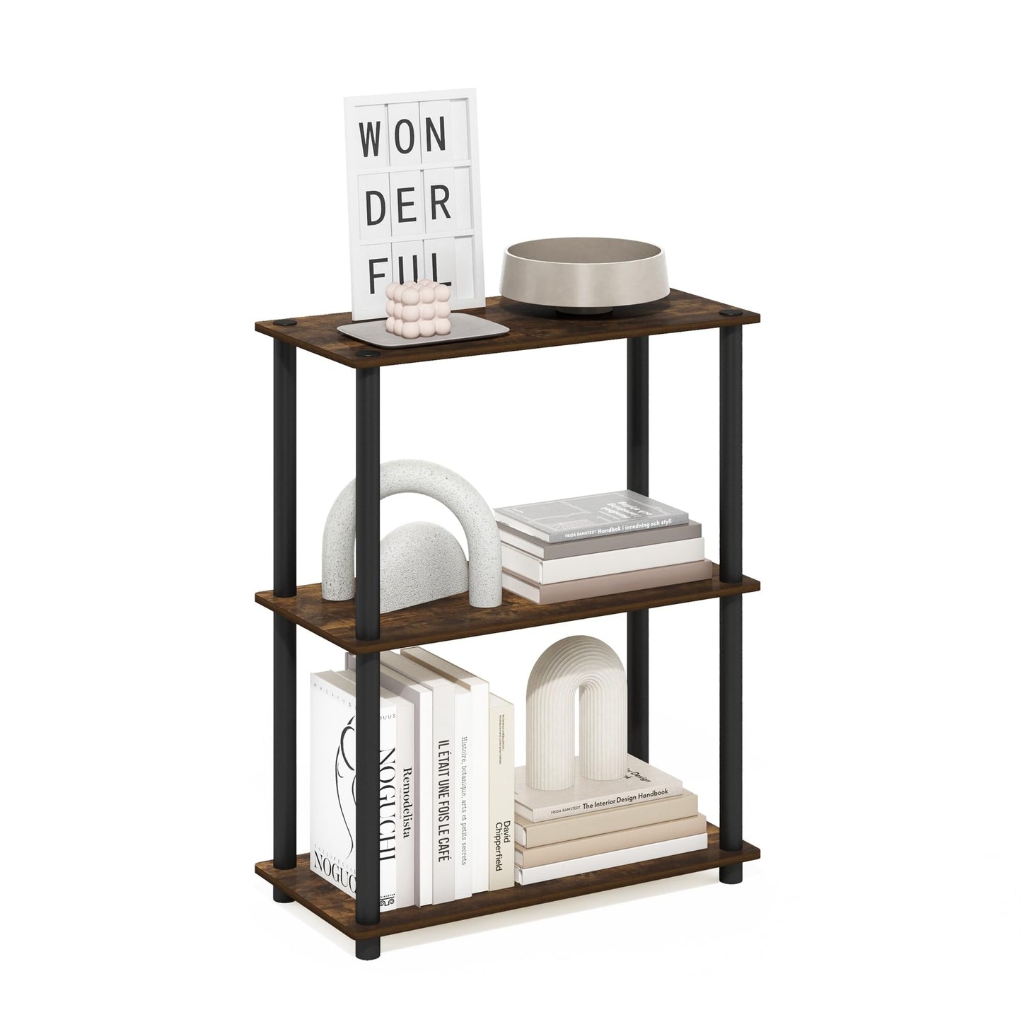Furinno Turn-N-Tube Storage Shelves, 3-Tier Book Shelf, Corner Shelf, Toolless Open Shelves, for Organization and Storage, Living Room, Garage, Home Office, Amber Pine