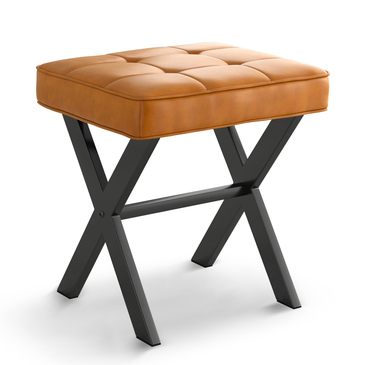 LUE BONA Vanity Stool, Faux Leather X-Leg Foot Stool, Small Ottoman Makeup Stool Chair for Vanity, Modern Padded Foot Rest Vanity Seat for Makeup Room, Bathroom, Whiskey Brown