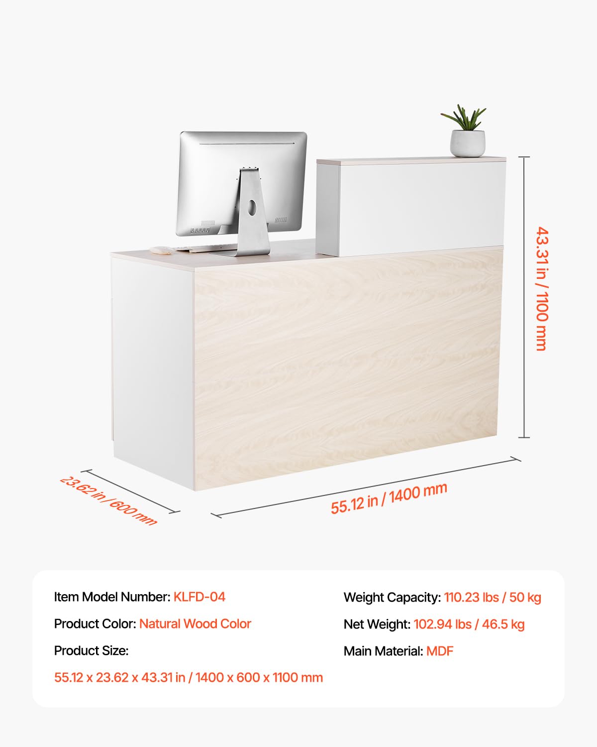 VEVOR Reception Desk, 55 Inch Rectangular Front Counter Table, Office Reception Counter with Lockable Drawer and Storage Cabinet, for Checkout, Lobby, Beauty Salon and Office, Natural
