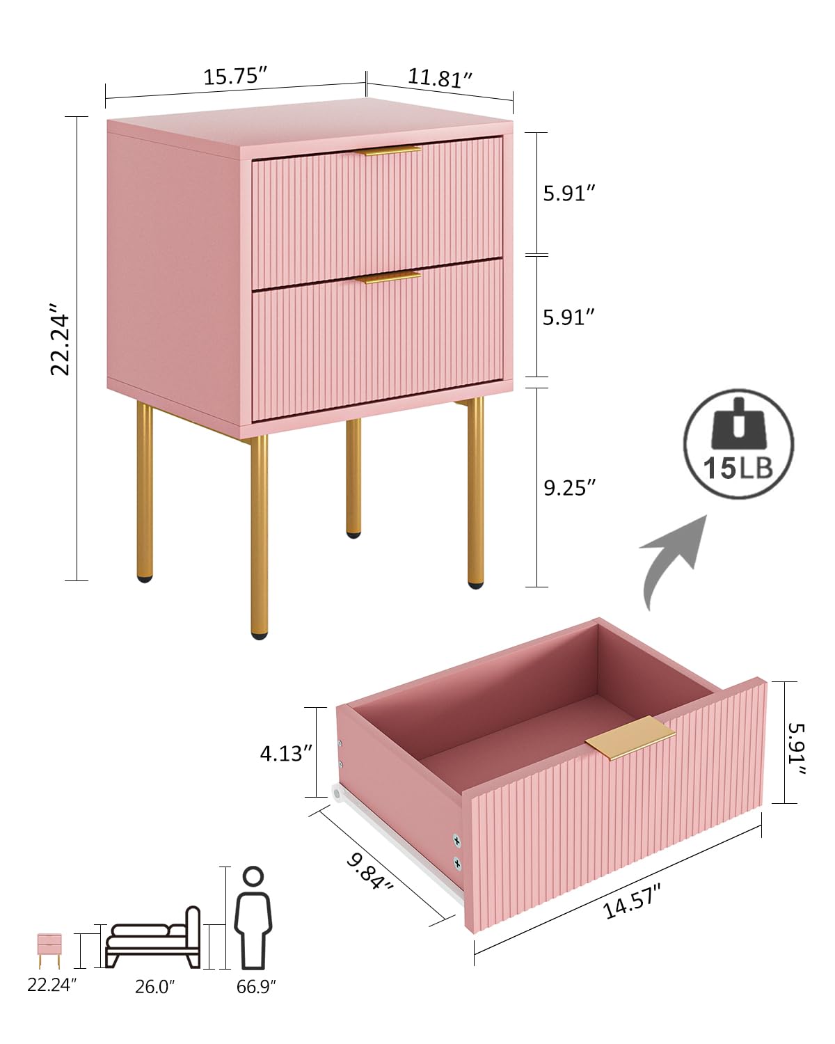 Masupu Night Stand,Mid-Century Modern Bedside Table with 2 Storage Drawer,Small Gold Frame Side End Table for Bedroom,Living Room, Pink