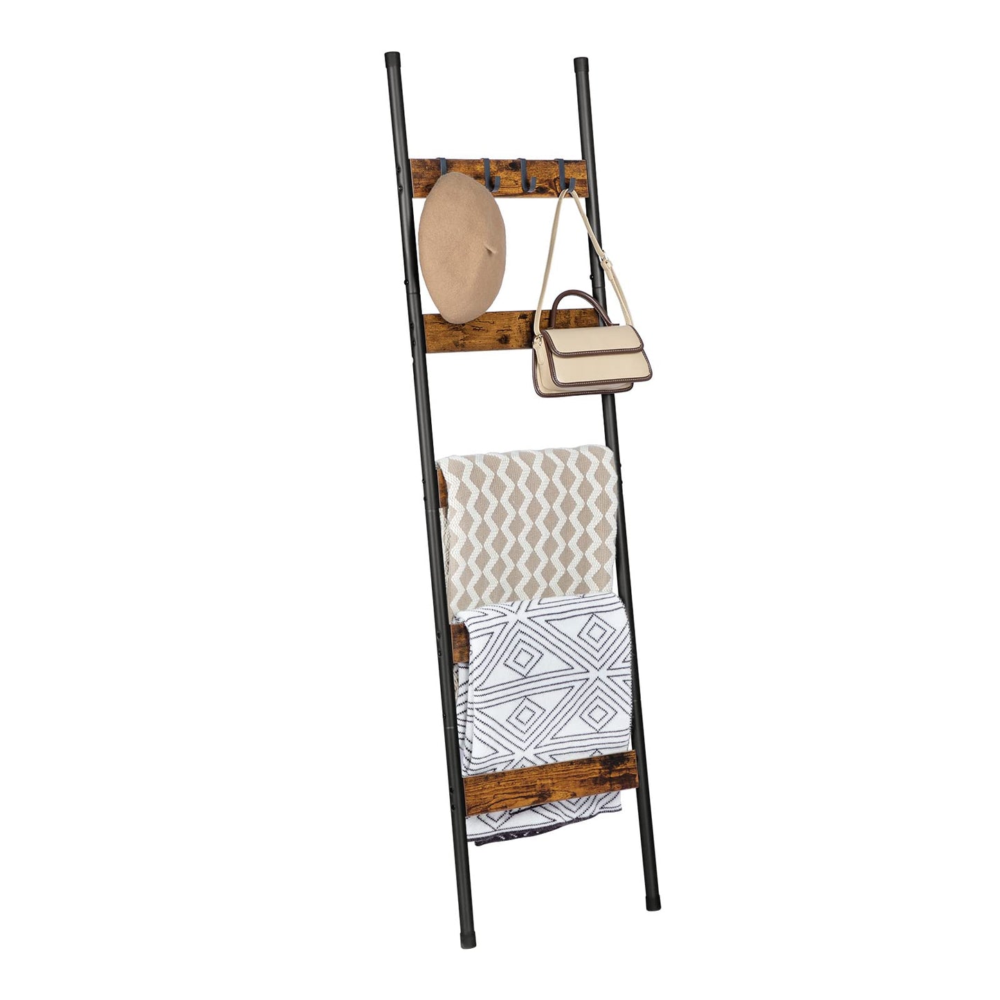 HOOBRO Blanket Ladder, 5-Tier Towel Rack with Hooks, Wall-Leaning Blanket Rack, Decorative Display Ladder Shelf, for Scarves, Industrial, Living Room, Bedroom, Rustic Brown and Black BF52CJ01
