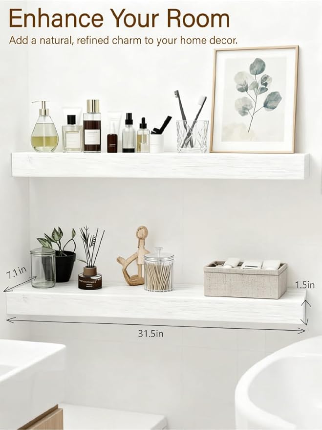 Solid Wood Floating Shelves, 31.5in Finished Real Wood Wall Shelves
