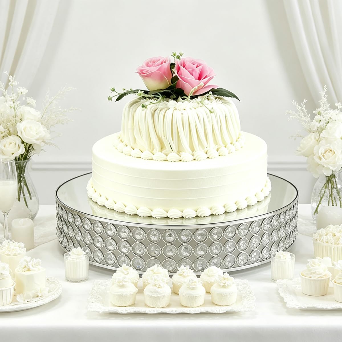 FEICTPOX Metal Cake Stand with Beaded Crystal Display Cake Pedestal,Baking Party Supplies Centerpiece,Silver 16 Inch