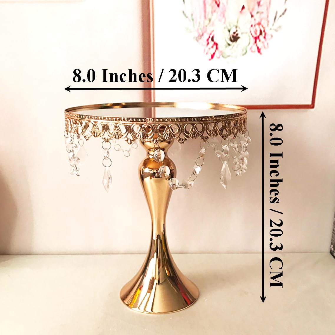 8 Inches 20 cm Gold Round Mirror Cake Stand Cupcake Stands Metal Pedestal Holder with Crystals, Party Dessert Cheese Display Plate for Wedding Party Birthday Baby Shower Celebration Home Decors