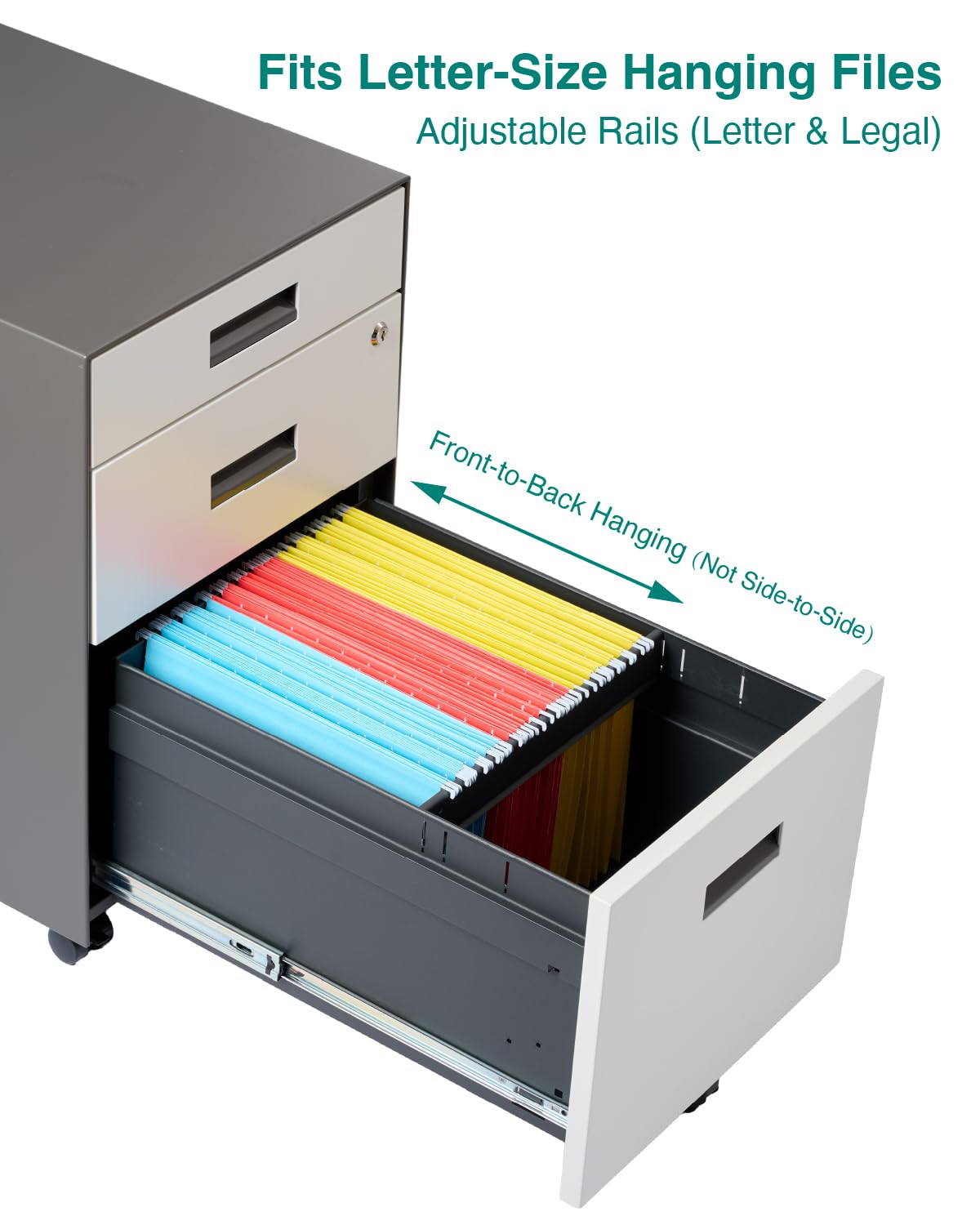 YEB Comfort 3 Drawer File Cabinet with Lock - Under Desk Metal Filing Cabinet, Legal/Letter File Folders, Wheels, Fully Assembled, White/Gray