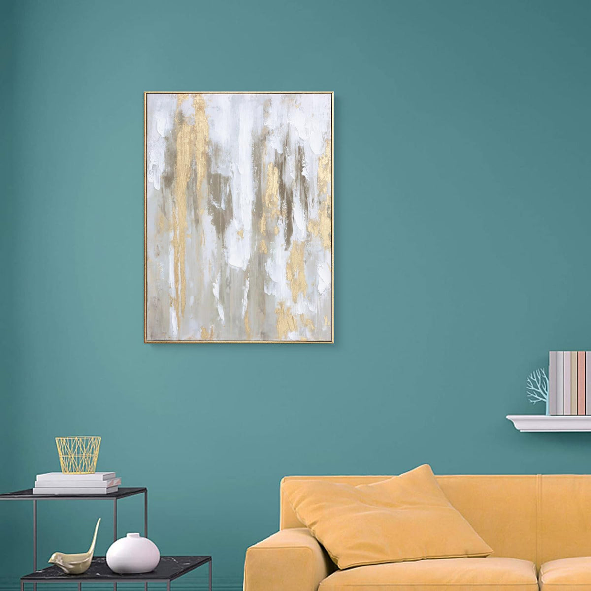 Gold Abstract Wall Art Decor - Framed Texture Paintings Modern Canvas Artwork with Hand-Painted Gold Foil for Modern Style Decor, Ready to Hang