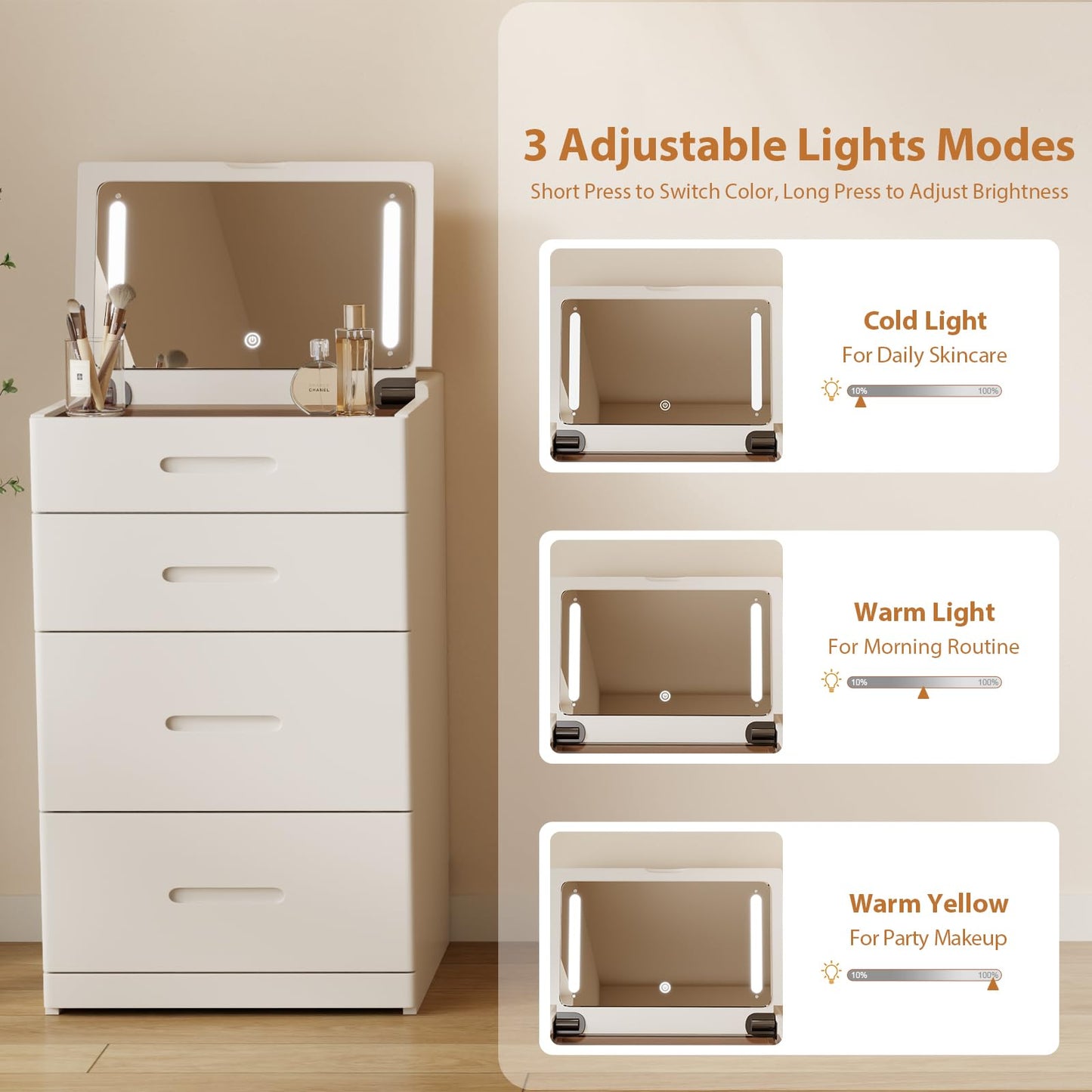 Muwuele Solid Wood 3 in 1 Vanity Desk with Flip Top Mirror, No Assembly, Compact Vanity with Hidden Chair, Small Makeup Vanity Set with Power Outlet, Dressing Table for Bedroom, White