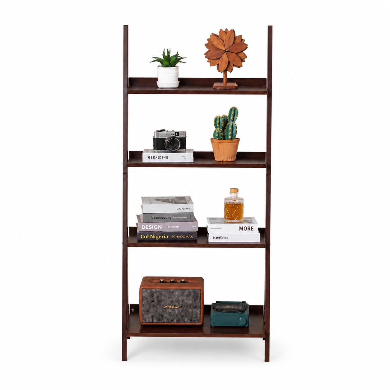 Maydear Bamboo Ladder Shelf Bookcase, 4-Tier Leaning Bookshelf Free Standing Organizer Storage Shelves for Living Room, Bedroom, Kitchen, Home Office, Balcony (Dark Walnut)