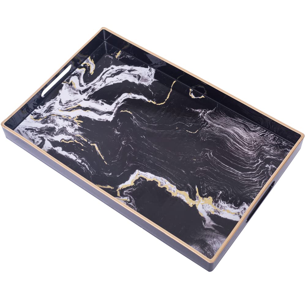 MAONAME Decorative Tray, Plastic Marbling Tray with Handles, Rectangular Coffee Table Trays for Ottoman, Bathroom, 15.7” x 10.2”, Black