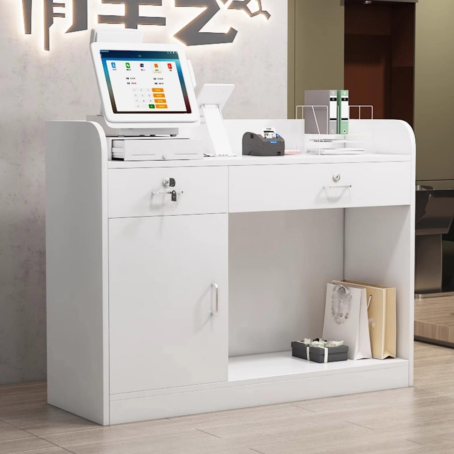 Reception Desk Front Desk with Lockable Drawers,Modern Wood Cashier Table Retail Checkout Counter Office Computer Table with Large Storage Cabinet, Welcome Desk, for Shop Hotel Reception Hall