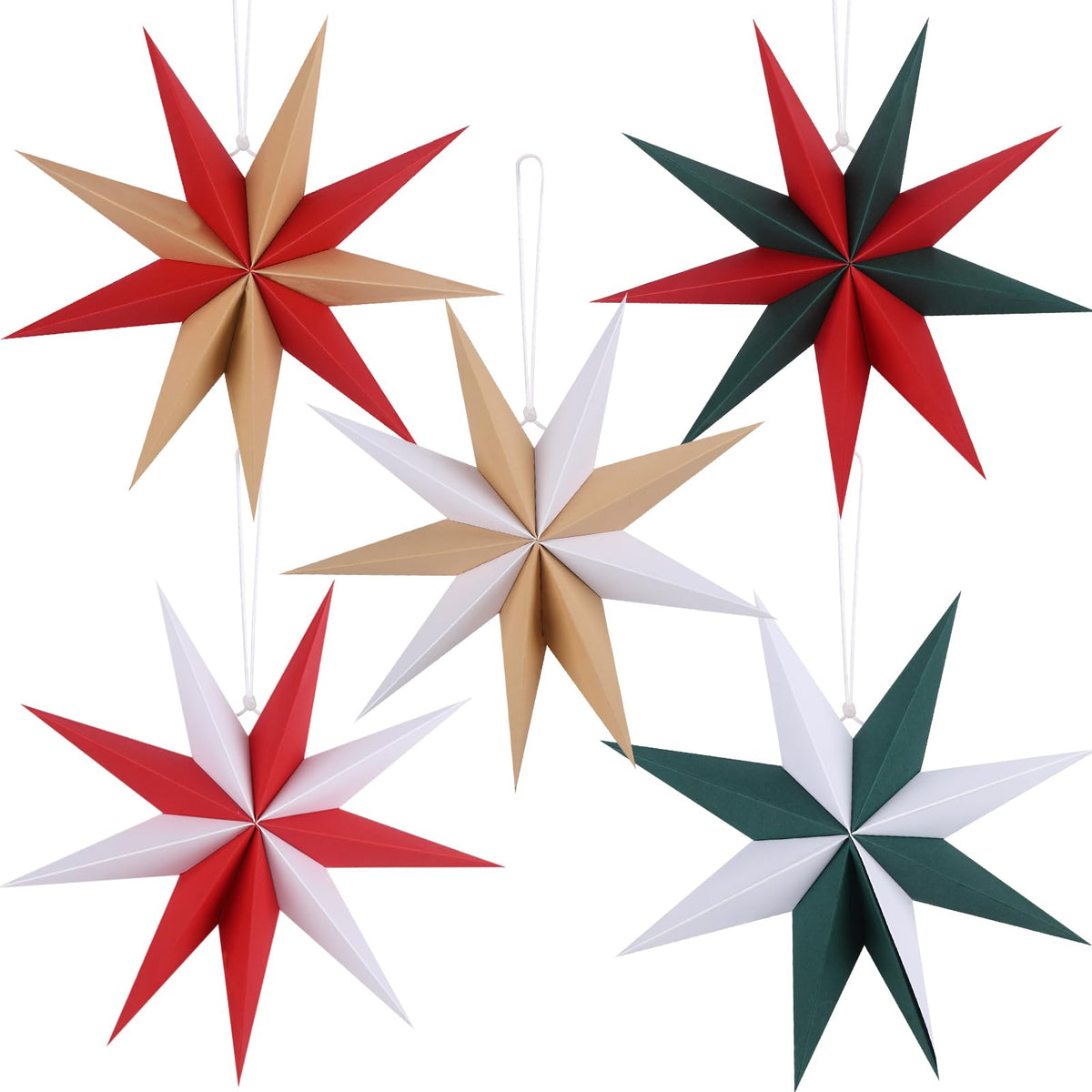 BestoFun 12 Inches 5 PCS Cindy Paper Star Lanterns Red Green White Christmas Party Decorations Hanging Stars Christmas Party Decorations Wedding Birthday Christmas Home Party Decorations(9 Pointed)