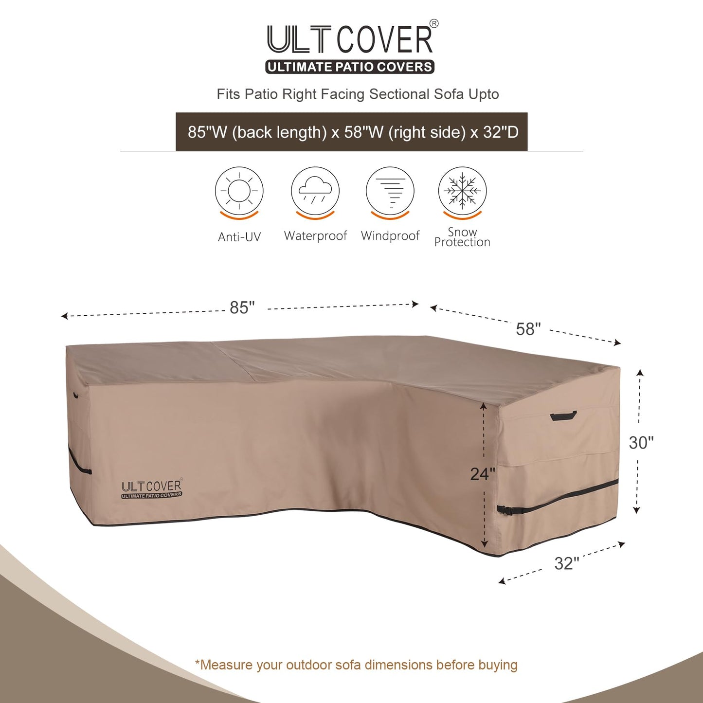 ULTCOVER Patio L-Shaped Right Facing Sofa Cover Waterproof for 4-Seater Outdoor Sectional Furniture Couch 85”W (Back Length) x 58”W (Right Side)