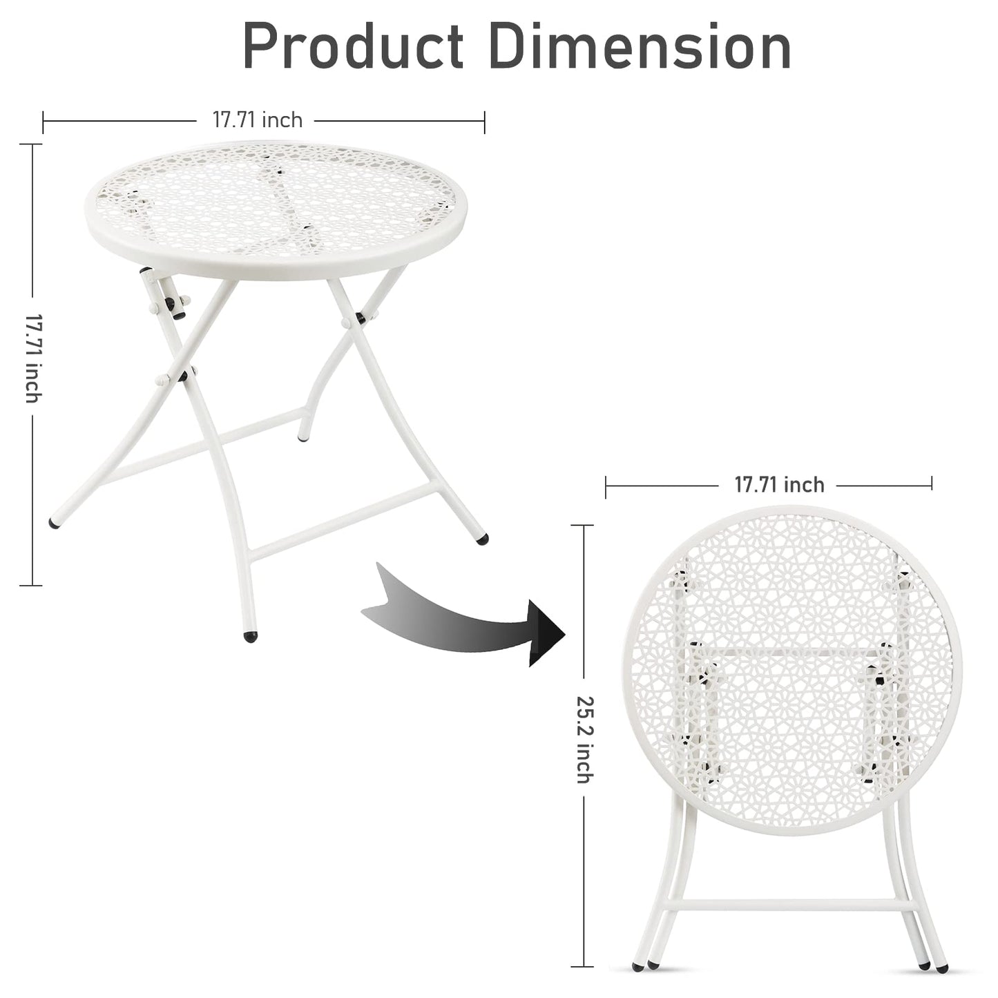 TeoKJ Folding Outdoor Side Tables, Anti Rust Small Patio Table Round Metal Nightstand with Flower Cutouts for Porch Yard Balcony Deck Lawn, White