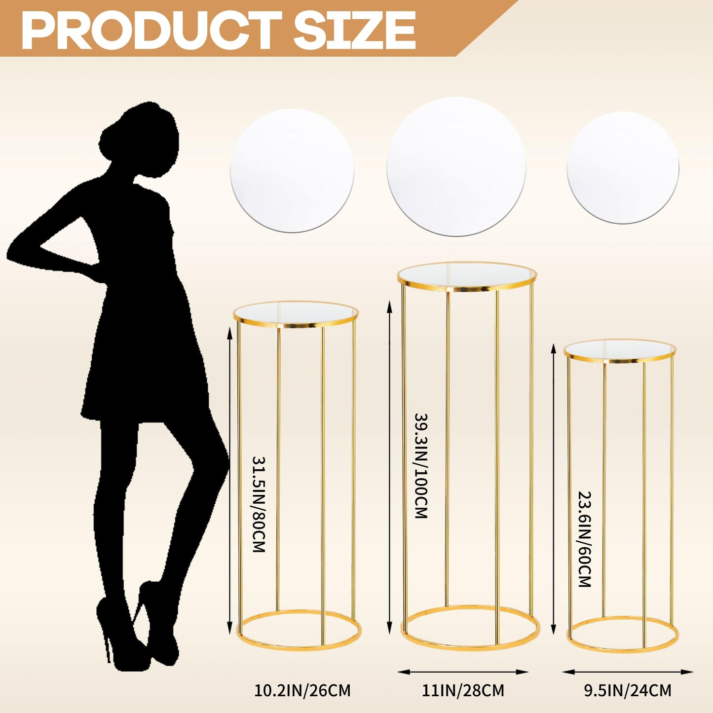 Kapaga 3pcs Gold Metal Plant Stand, Cylinder Pedestal Stands for Party, Metal Plant Columns Pedestal Stands for Display, Round Cylinder Columns tables for Weddings Cake Stand Floor Plant Tables
