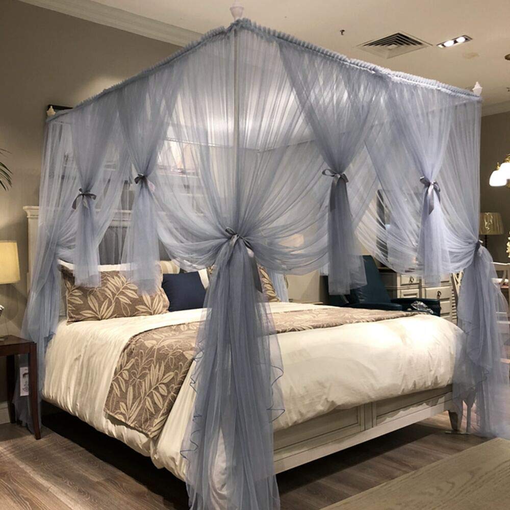 Joyreap 4 Corners Post Canopy Bed Curtain for Girls & Adults - Royal Luxurious Cozy Drape Netting - Cute Princess Bedroom Decoration (Gray-Blue, Full/Queen)