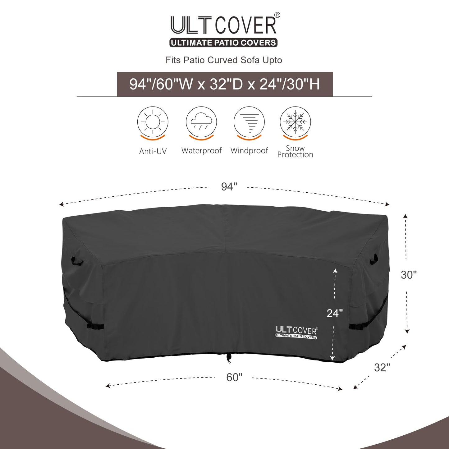 ULTCOVER Patio Curved Sofa Cover Waterproof for 2-3 Seater Outdoor Sectional Furniture Couch 94"(Back Arc Length) / 60"(Front Arc Length) x 32"(Deep), Black