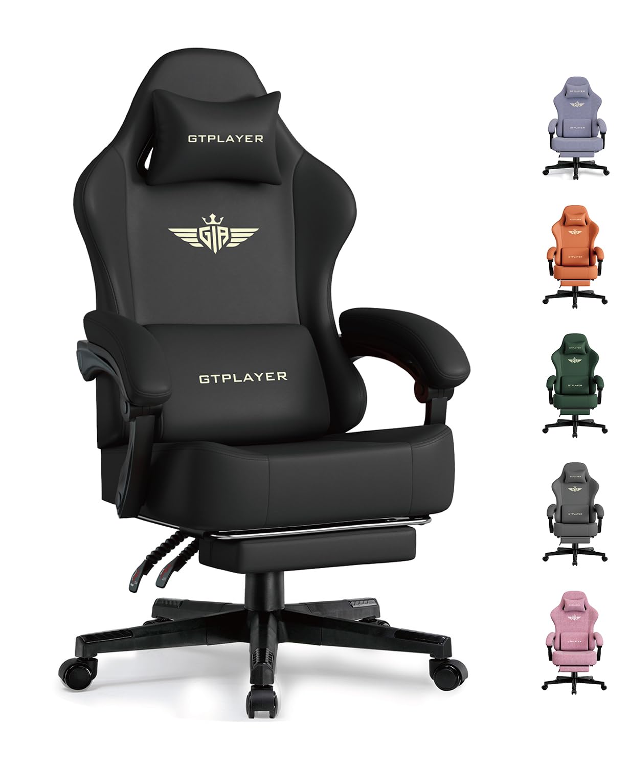 GTPLAYER Gaming Chair with Pocket Spring Cushion, Big and Tall Gamings Chairs 350LBS High Back Computer Chair with Footrest for Adults Lumbar Support Swivel Game Chair for Office, Leather Black