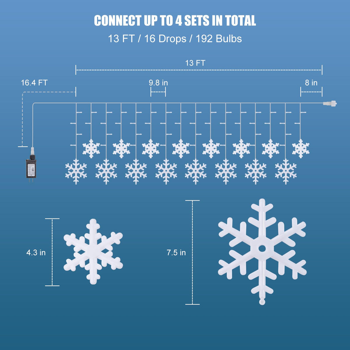 Christmas Snowflake Icicle Lights - 13ft 192LED Snowflake Drops, 12 Modes and Timer, IP65 Waterproof Connectable Christmas Lights for House Eave Window Indoor Outdoor, White