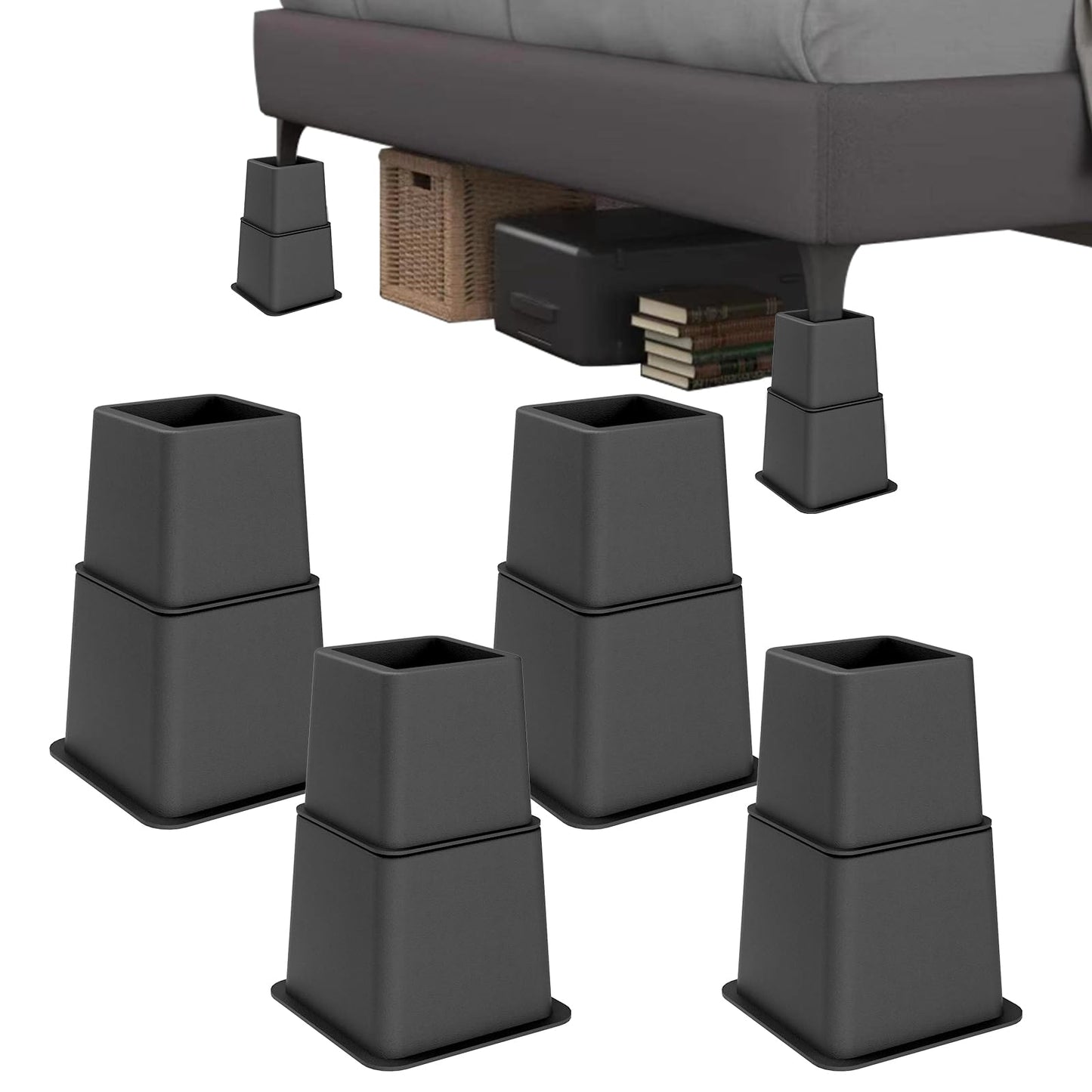 Demiwise Heavy Duty 8 inch Bed Risers - Set of 4 Adjustable Furniture Risers, Elevation Heights of 3, 5 & 8 Inches, Supports Up to 1,300 lbs for Under-Bed Storage, College Dorms, Table and Couch(Grey)